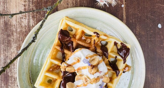 Belgische Waffeln I Schokoladensauce I Kirschblüten-Vanillesahne I Piemonthaselnuss